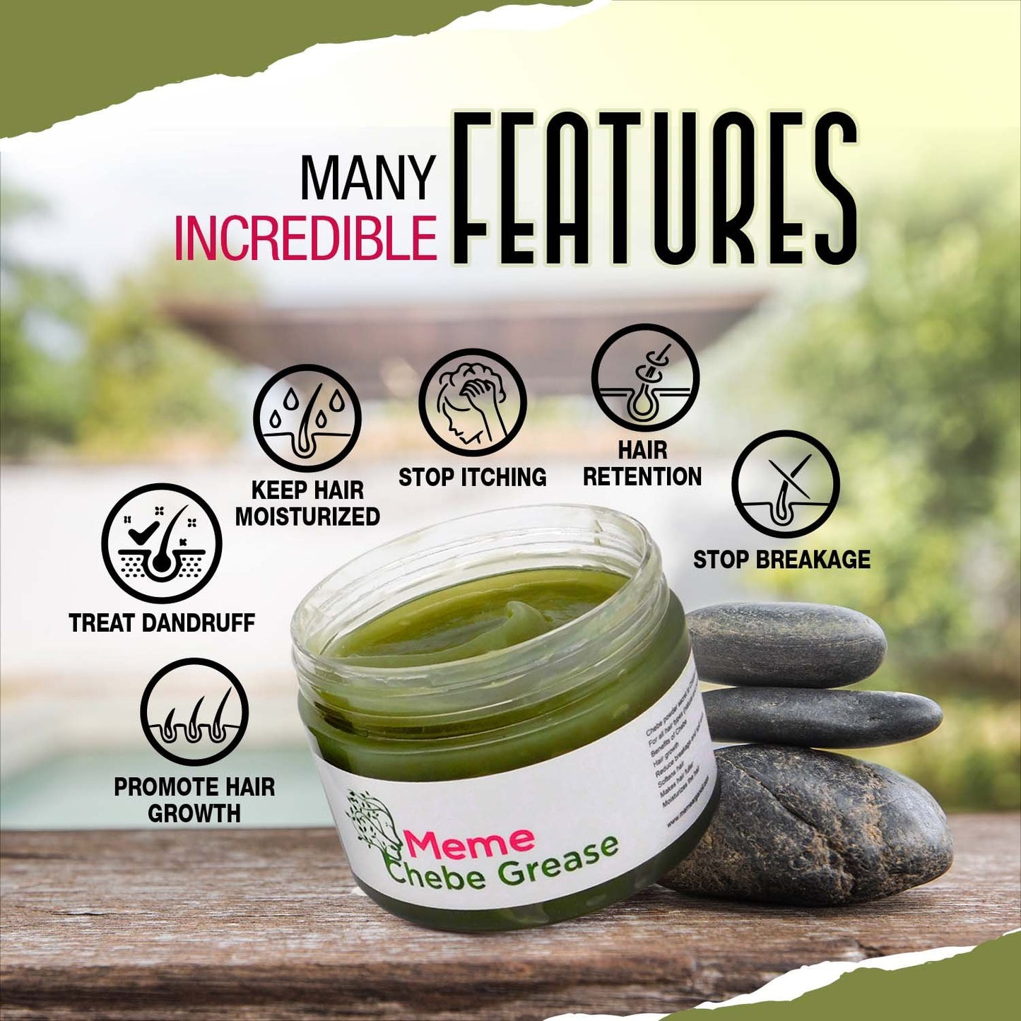 MEME Chebe Hair Grease for Hair Growth - 4 fl oz, Hair Pomade Hydrating Hair Mask for Curly Hair with Chebe Powder and Karkar Oil - Perfect for Hair Shine, Moisturizes Hair and Promote Hair Growth