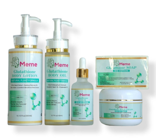 Glutathione Whitening Skincare set (Body lotion, body oil, face cream, serum, and whitening soap) - Meme Beauty Depot