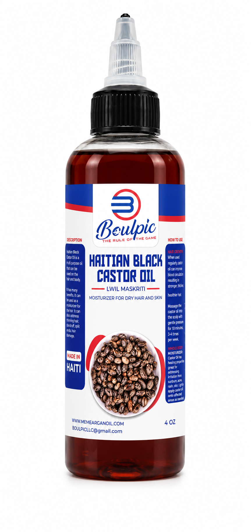 Haitian Black Castor Oil ( Lwil Maskriti) pure castor oil from Haiti. 

This is some benefits:
Help with hair growth, 
Stimulates circulation, allowing oxygen and nutrients to be delivered to the hair follicles
Can add shine to hair
Antioxidan