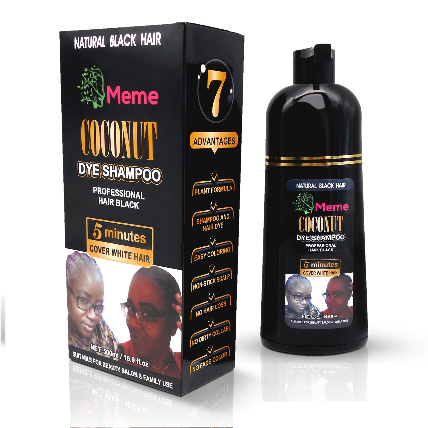 Meme - Coconut Oil Black Hair Dye Shampoo - 16.9 Fl. Oz, No Fade Hair Color With Non - Stick Scalp, Plant - based Formulated with Natural Vegetable Oil, Protects Hair Damage, Black Hair Dye Shampoo for Men and Women - Meme Beauty Depot