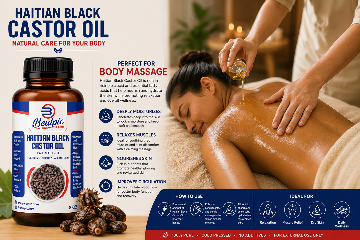 Haitian Black Castor Oil ( Lwil Maskriti) pure castor oil from Haiti. 

This is some benefits:
Help with hair growth, 
Stimulates circulation, allowing oxygen and nutrients to be delivered to the hair follicles
Can add shine to hair
Antioxidan