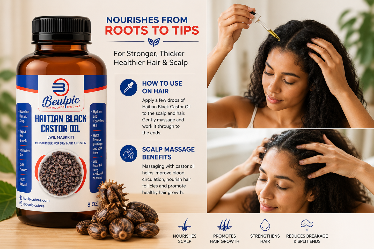 Haitian Black Castor Oil ( Lwil Maskriti) pure castor oil from Haiti. 

This is some benefits:
Help with hair growth, 
Stimulates circulation, allowing oxygen and nutrients to be delivered to the hair follicles
Can add shine to hair
Antioxidan
