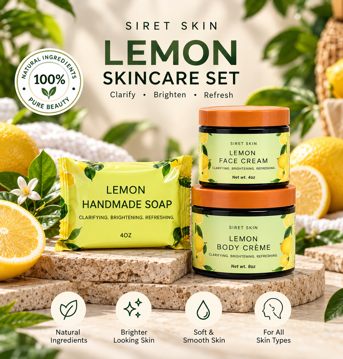 Siret Skin Lemon skincare set with face cream, body crème and handmade lemon soap