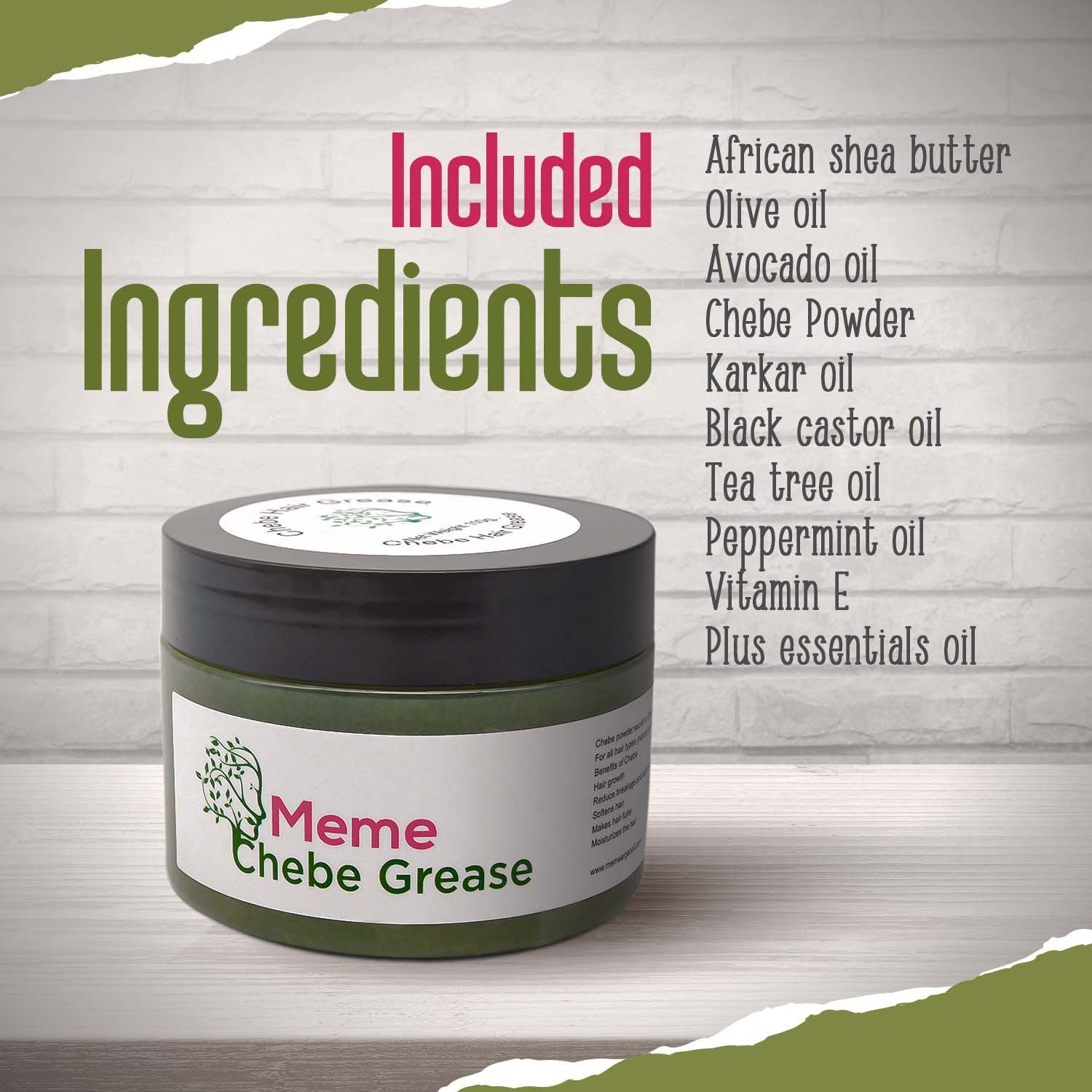 MEME Chebe Hair Grease for Hair Growth - 4 fl oz, Hair Pomade Hydrating Hair Mask for Curly Hair with Chebe Powder and Karkar Oil - Perfect for Hair Shine, Moisturizes Hair and Promote Hair Growth