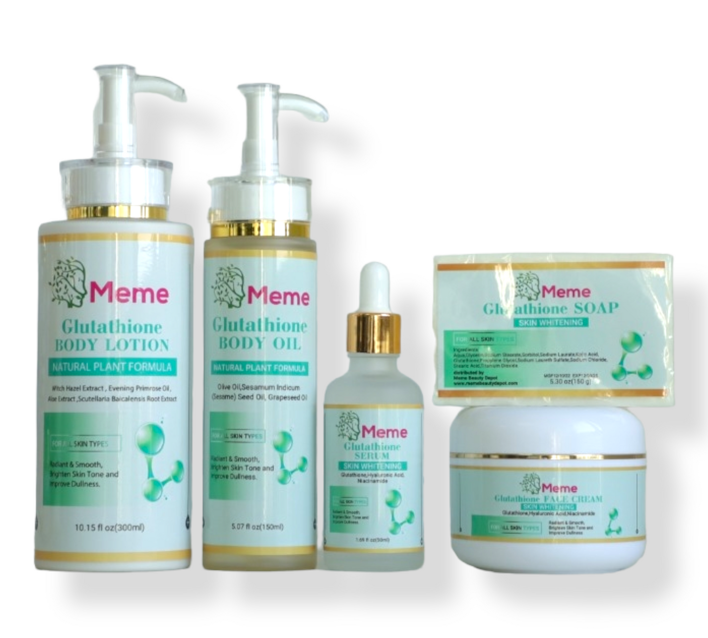 Glutathione Whitening Skincare set (Body lotion, body oil, face cream, serum, and whitening soap)